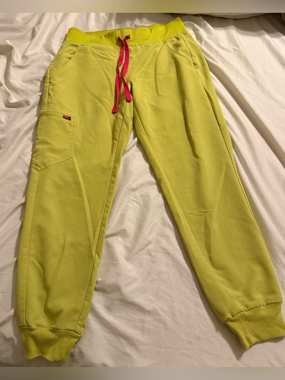 Figs Neon Yellow Zamora Jogger scrub Pants with Pink Drawstring small petite
